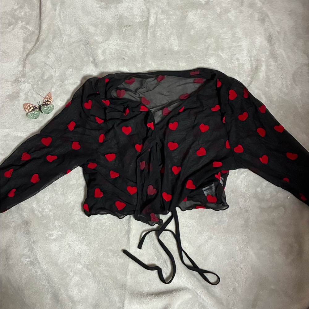 SHEIN Black Sheer Top with Red Heart Design